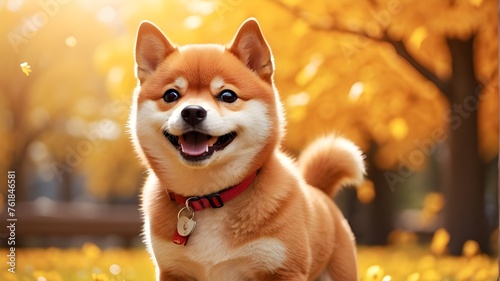 portrait of a dog in autumn,, In a bright and vibrant setting, against a backdrop of sunny yellow-orange, stands a cheerful Shiba Inu dog. Its adorable face beams with happiness, characterized by a wi