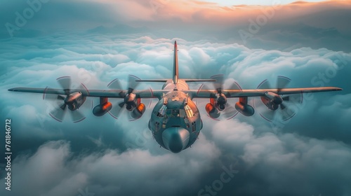 Four-engine turboprop transport aircraft in blue sky with clouds