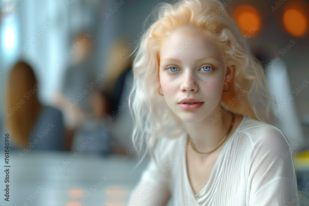 Portrait of a beautiful blonde girl with blue eyes indoor