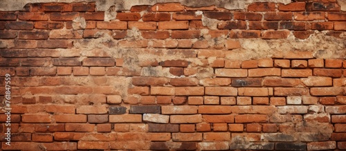 A detailed closeup image of an aged brick wall with peeling paint, showcasing the intricate brickwork and texture of the composite material, highlighted in shades of brown and peach