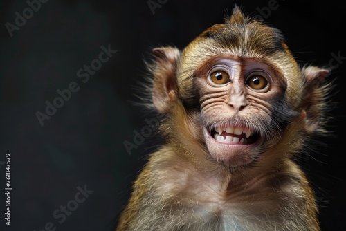 Funny Portrait of Smiling Barbary Macaque Monkey, showing teeth Isolated on Black Background photo