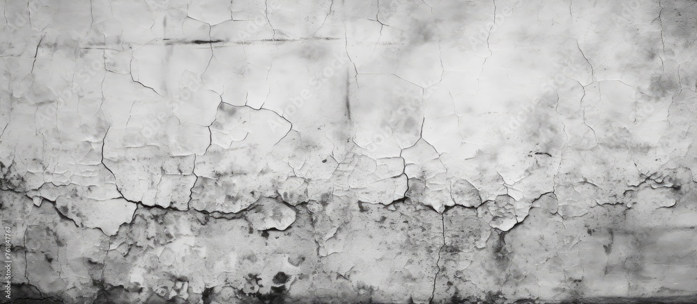 A monochrome photo of a cracked concrete wall surrounded by freezing winter grass in the city. The natural landscape contrasts with the urban pattern