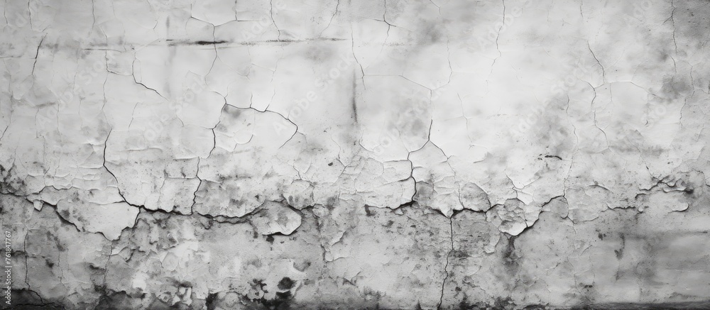 Obraz premium A monochrome photo of a cracked concrete wall surrounded by freezing winter grass in the city. The natural landscape contrasts with the urban pattern