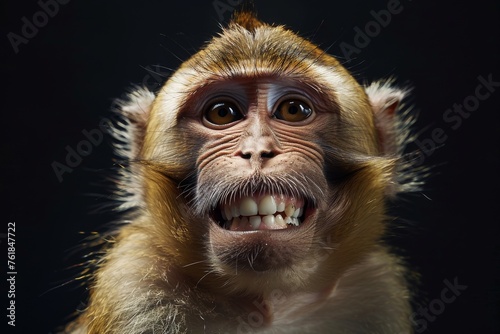 Funny Portrait of Smiling Barbary Macaque Monkey, showing teeth Isolated on Black Background photo