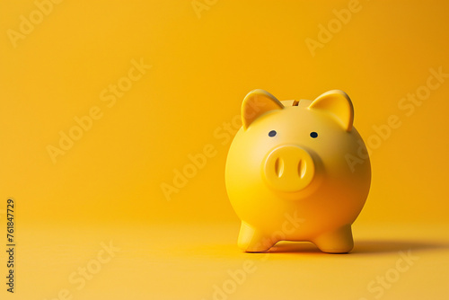 Yellow piggy bank on bright yellow background photo