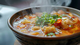 A close-up of a bowl of steaming hot soup, with details of the soup's texture, the colorful ingredients, and the inviting aroma.