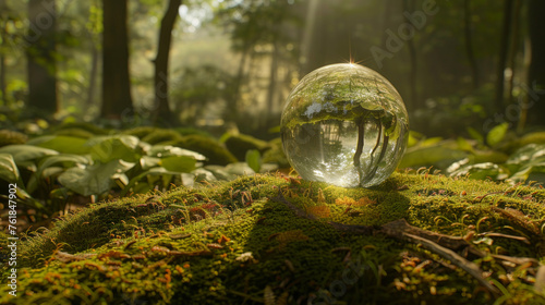 crystal globe on moss in a forest - environment concept