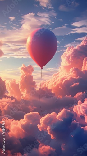Red balloon floating among pink clouds