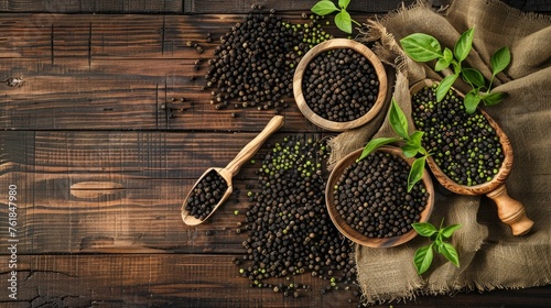 Unripe drupes of fresh black pepper flatlay on brown wood backgound four bunches one wooden bowl and spatula filled with grains