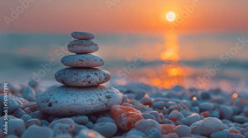 Stack of stones on a pebble beach at sunset