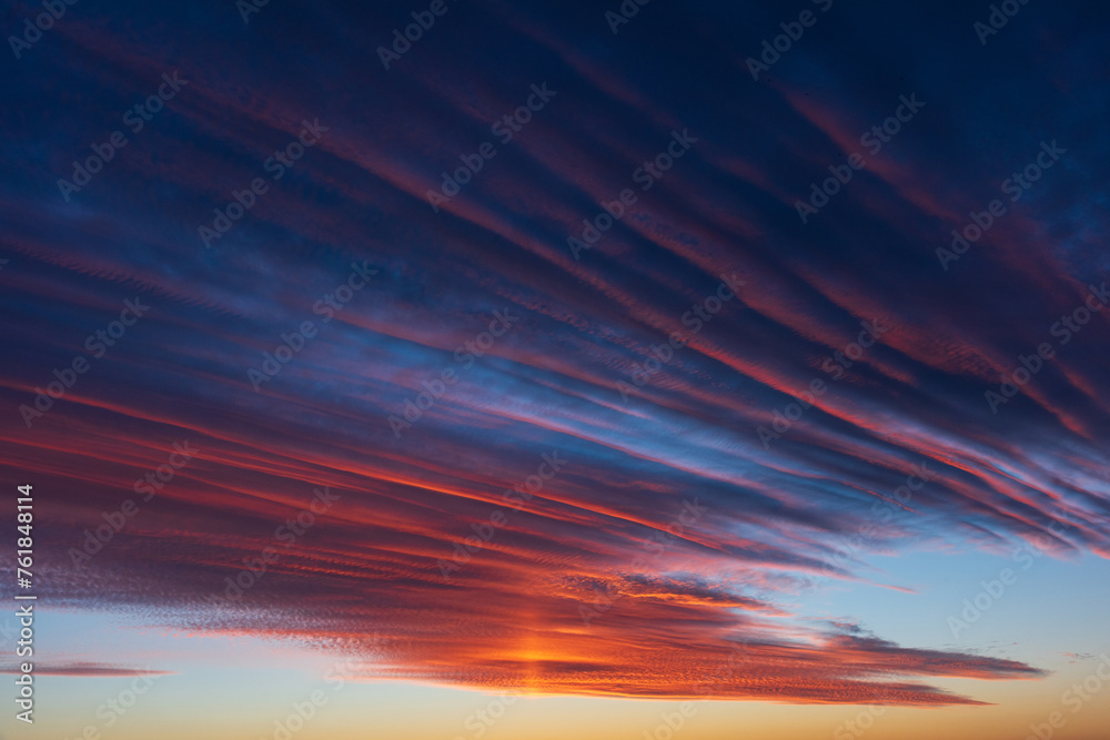 Stunningly beautiful multi-colored violet-pink-lilac evening sky, multi-colored clouds fan out from the lower horizon