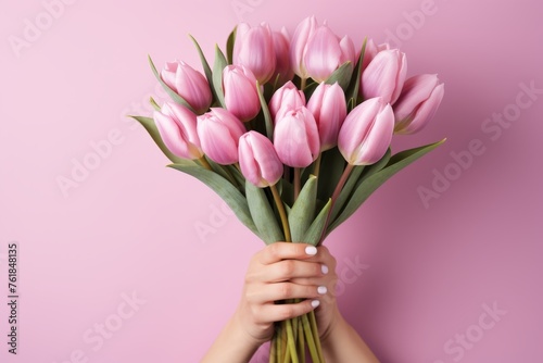 Women's hands are holding a bouquet of tulips. International Women's Day 8 march