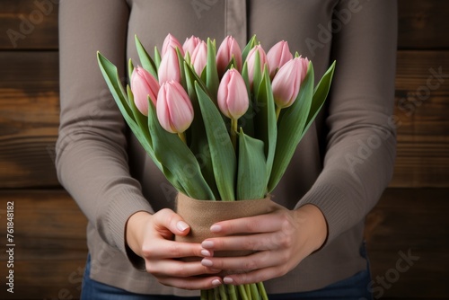 Women's hands are holding a bouquet of tulips. International Women's Day 8 march