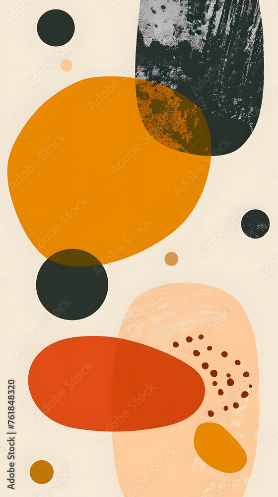 Artistic painting with circles and dots in Carmine and Peach on white background