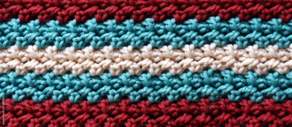 Capture the intricate beauty of a red, white, and blue crocheted pattern in a detailed closeup. The creative arts come to life in this stunning display of colors and shapes