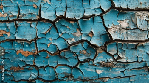 Close-up of cracked blue paint texture