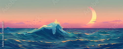 Stylized illustration of a wave with crescent moon at sunset