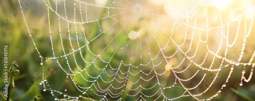 Dew drops on spider web with sunlight