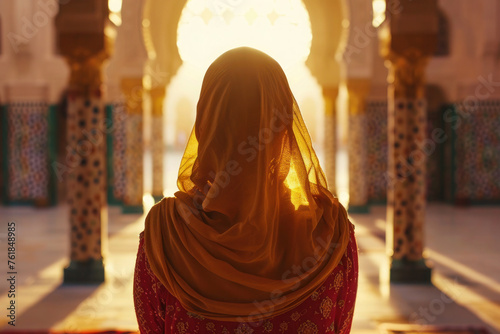Muslim woman wearing hijab is praying in the mosque