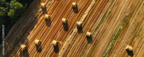 Aerial view of hay bales on a harvested field photo