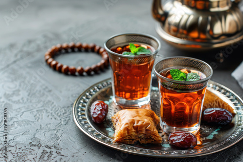 Ramadan Kareem holiday, arabic mint tea with dates fruit