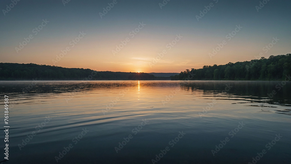 A serene sunrise over a tranquil lake, reminding us of the intrinsic connection between humanity and the environment.
