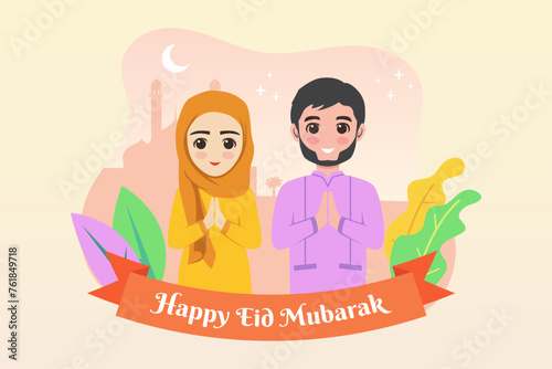 Happy Eid Mubarak with couple moslem illustration. 