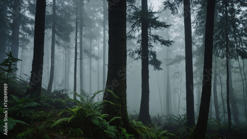 A dense fog shrouding a tranquil forest  symbolizing the mysteries of nature and the need for conservation.