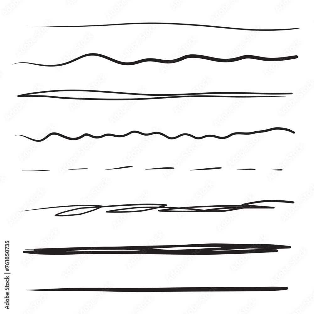 Set of artistic pen brushes. Hand drawn grunge strokes. Doodle lines, various dividers for web sites. Vector illustration