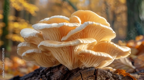 Oyster mushrooms on a dead beech trunk. Healthy food. Organic mushrooms. photo