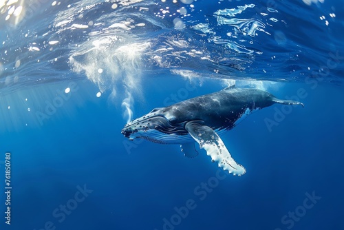 Humpback whale playfully swimming in clear blue ocean while blowing bubblesHumpback whale playfully swimming in clear blue ocean