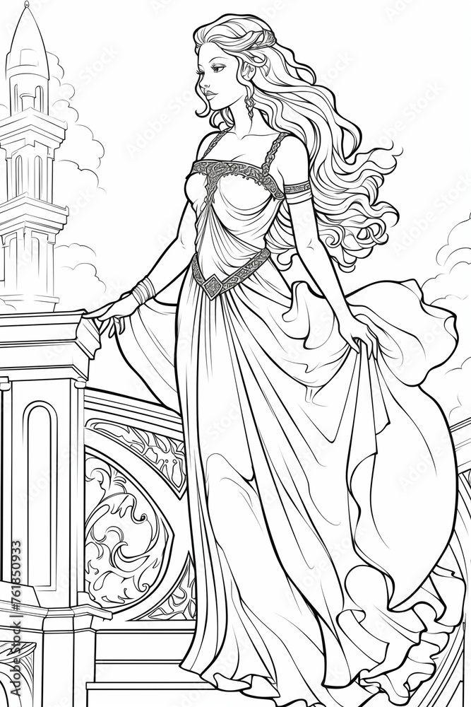Fototapeta premium Coloring page, Princess. High quality photo. Generated by AI