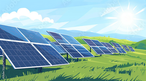 landscape illustration of solar panels on lush green hills on a sunny day