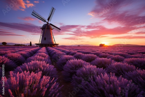 A windmill stands in a lavender field at sunset, surrounded by natural landscape