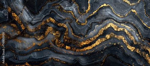 An artistic closeup of a swirling black and gold marble texture resembling a terrestrial plant pattern, with electric blue veins running through, creating a unique landscape in the rock