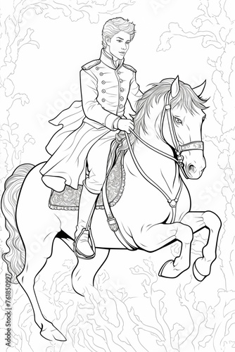 Coloring page. Black and white, the Prince on a horse. High quality photo. Generated by AI