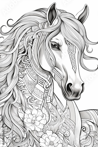 Coloring page, Horse. High quality photo. Generated by AI