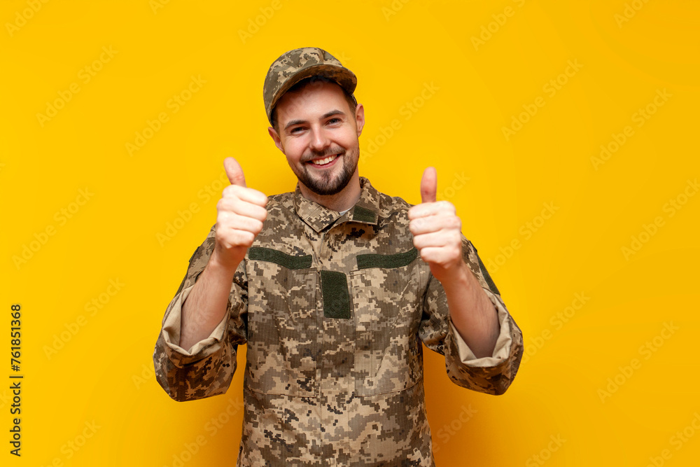 young Ukrainian army soldier in camouflage pixel uniform shows likes with hands and recommends on yellow isolated background, Ukrainian military cadet approves and shows thumbs up young Ukrainian army soldier in camouflage pixel uniform shows likes with hands and recommends on yellow isolated background, Ukrainian military cadet approves and shows thumbs up