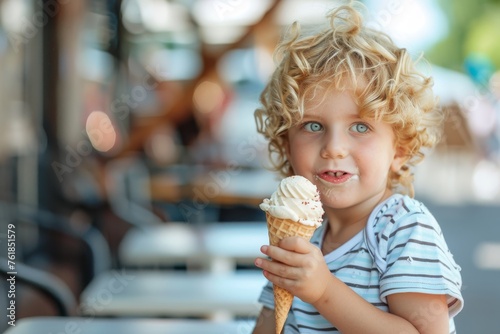 Kid eating ice cream in cafe. Funy curly child with icecream outdoor. photo