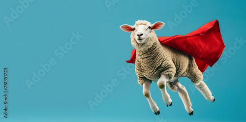 flying sheep with a superhero cape on blue background