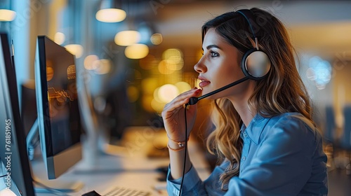 woman call center workers. Smiling customer support operator with hands-free headset working in the office 