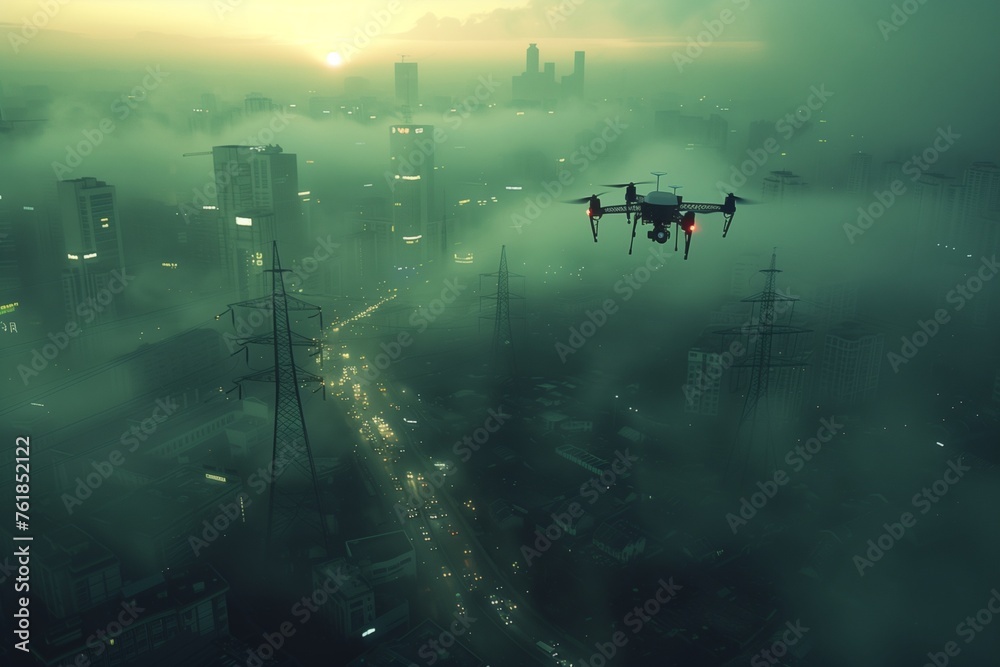 Fototapeta premium Drone surveilling power towers at dawn, inspecting electrical infrastructure with precision and efficiency