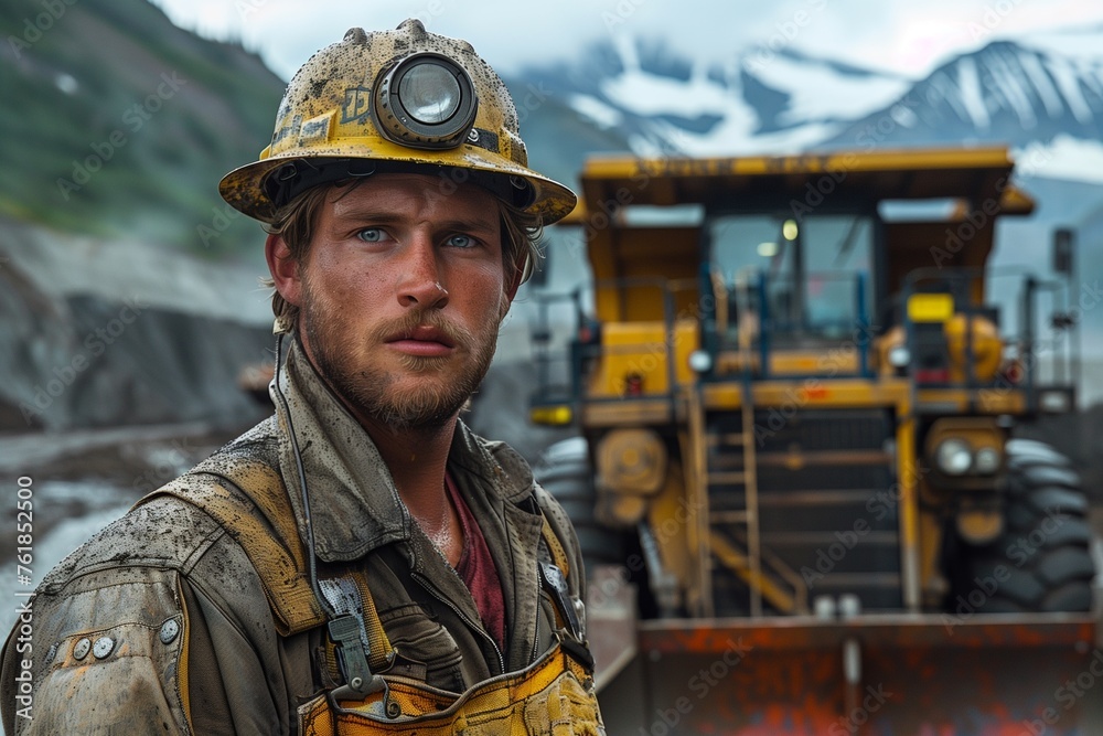 Miner standing proudly beside massive bulldozer in rugged industrial setting, showcasing dedication and expertise Miner standing proudly beside massive bulldozer in rugged industrial setting, showcasing dedication and expertise