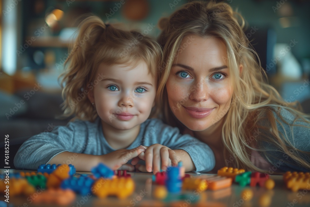 Mother and daughter bonding over toy, joyfully playing together in cozy living room setting Mother and daughter bonding over toy, joyfully playing together in cozy living room setting