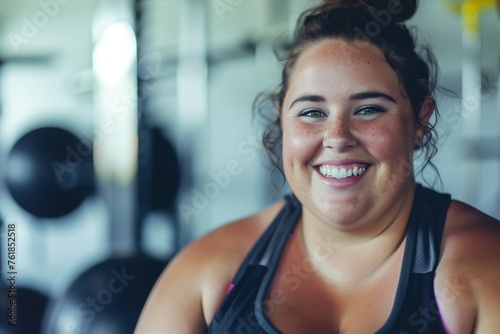 overweight smiling woman gym sport fitness exercise body health fat exercising weight training fit diet activity obesity workout young loss active healthy athlete girl aerobic plus size © Ace64 Studio