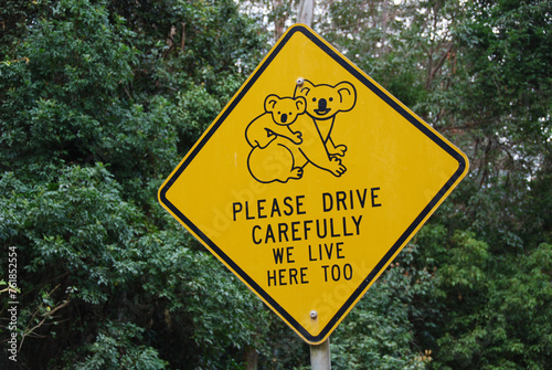 A warning sign along a road in Queensland, Australia, displays an illustration of a koala, cautioning drivers to be vigilant for these iconic marsupials crossing the road in their natural habitat.
