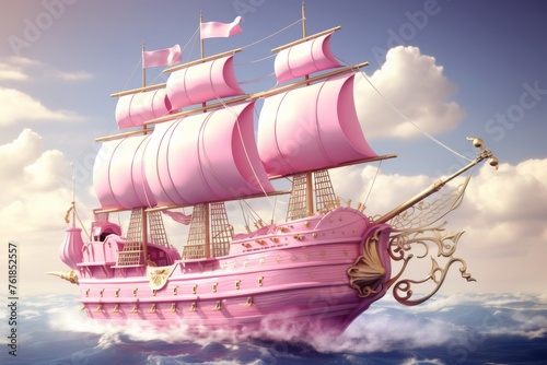 Pink Pirate Ship Sailing the Ocean