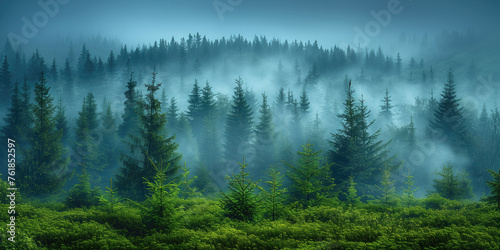 Foggy morning in the coniferous forest. Panorama. photo