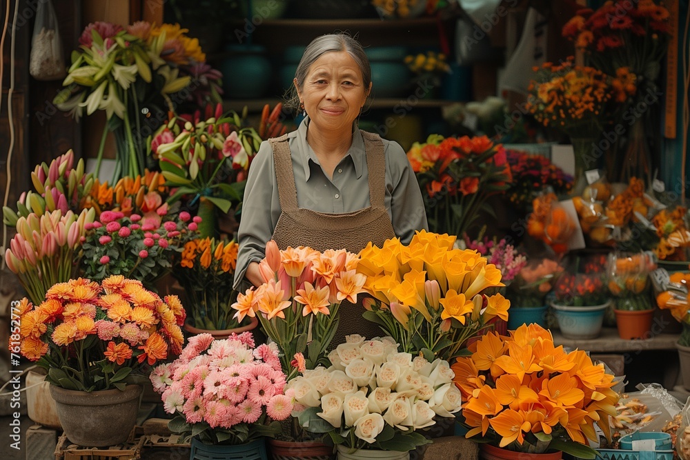 Woman gracefully offers assorted blooms, adding color and fragrance to bustling market ambiance