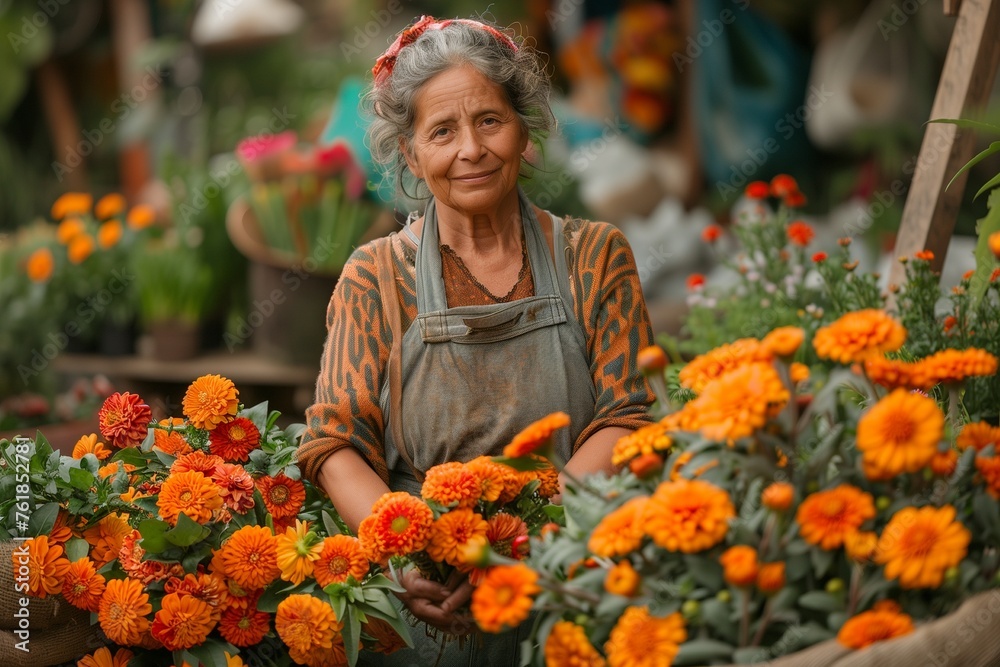 Woman gracefully offers assorted blooms, adding color and fragrance to bustling market ambiance